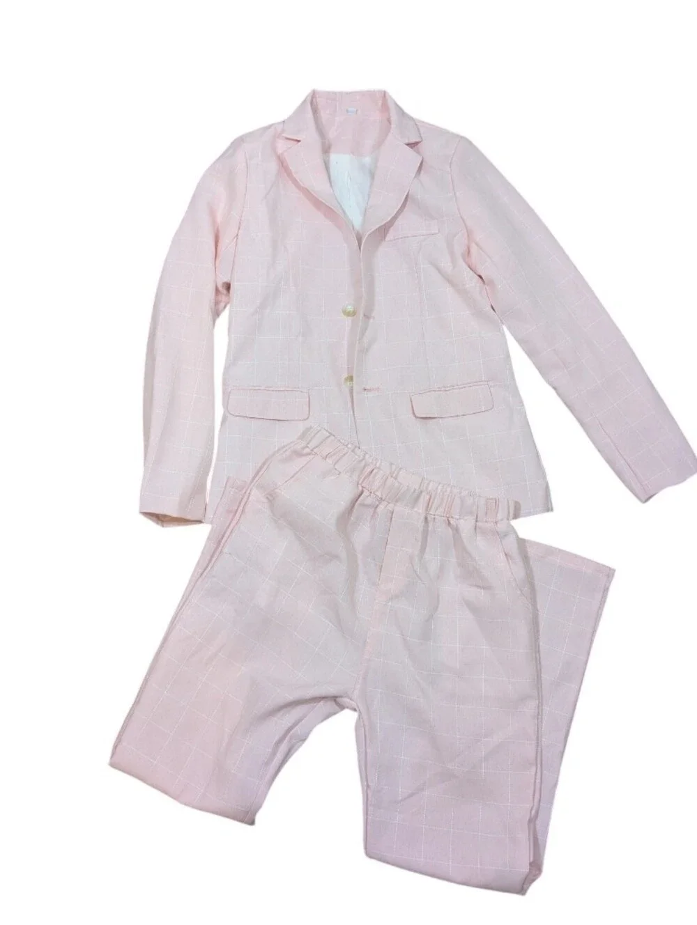 Light Pink Windowpane Two-Piece Set - Jacket & Elastic Waist Pants